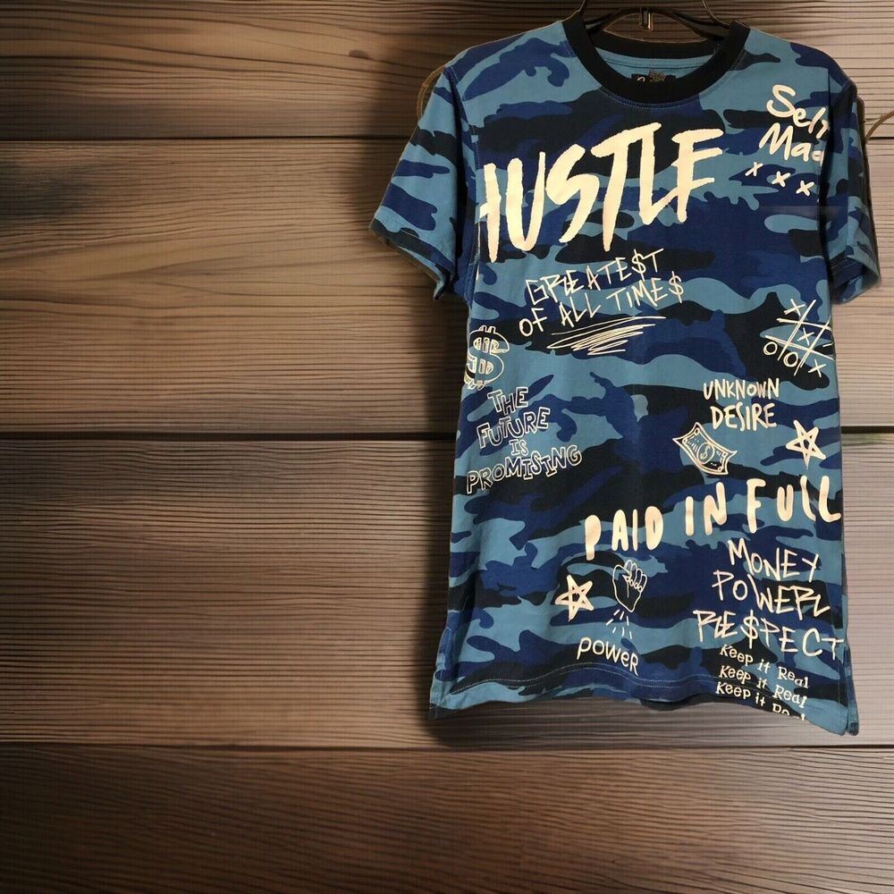 Men's Medium Blue Camo HUSTLE Graphic T-Shirt Urban Streetwear Motivational Tee